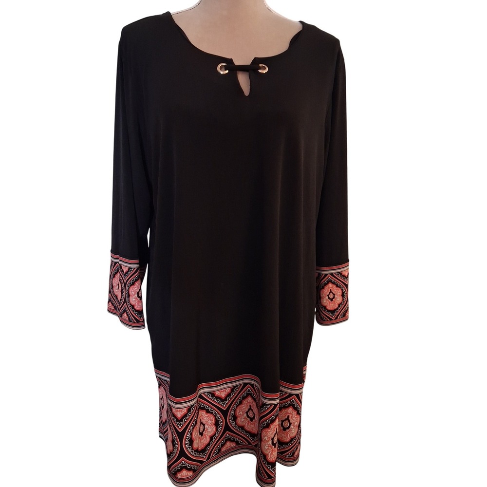 JM Collection Woman Black Coral Medallion Border Print Grommet Tunic Top 2X